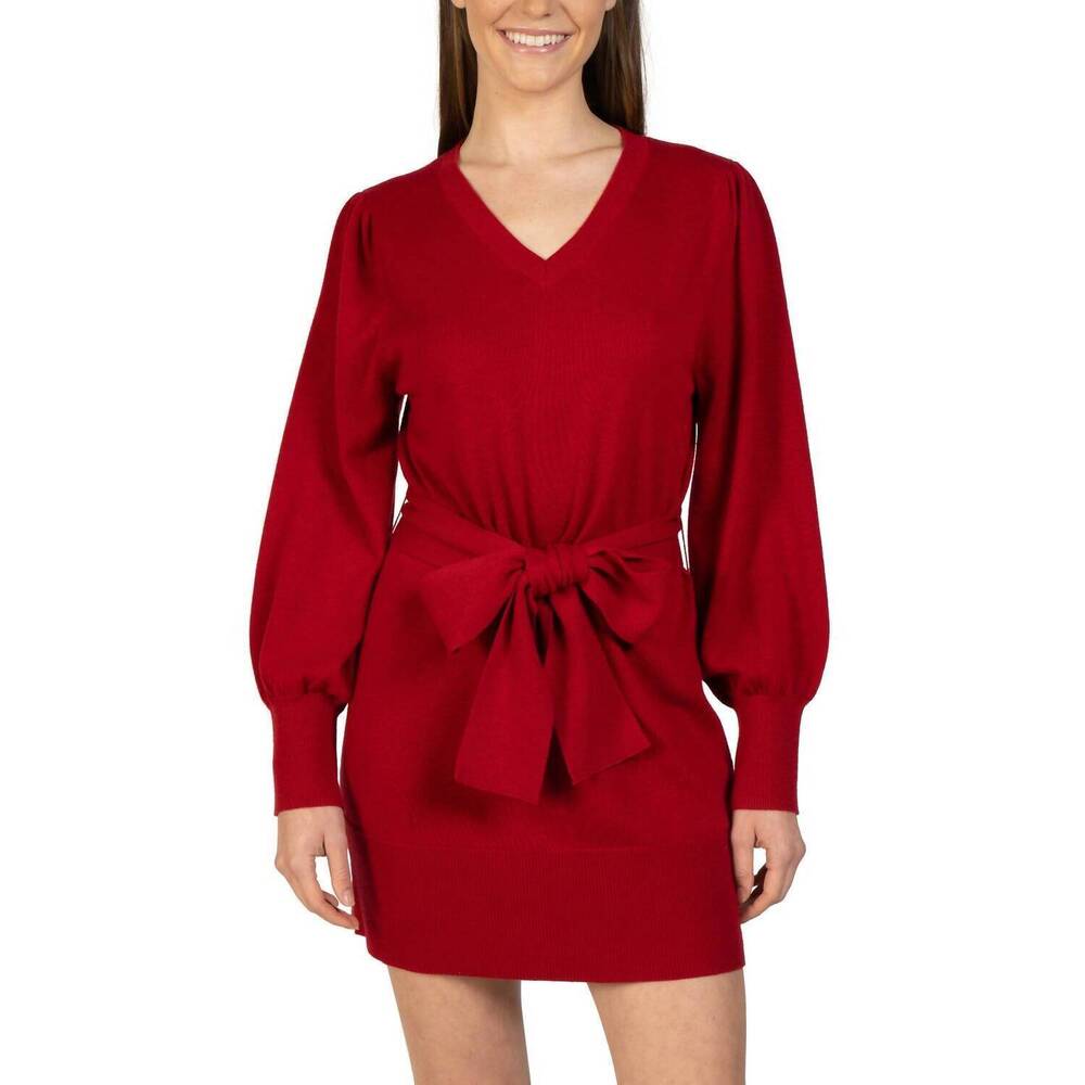 NEW LOVE TOKEN short knit mini sweater dress with tie in red